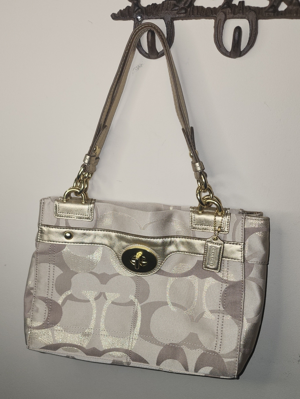Coach Penelope Metallic Optic Signature Turnlock Satchel Bag Taupe Gold F18474